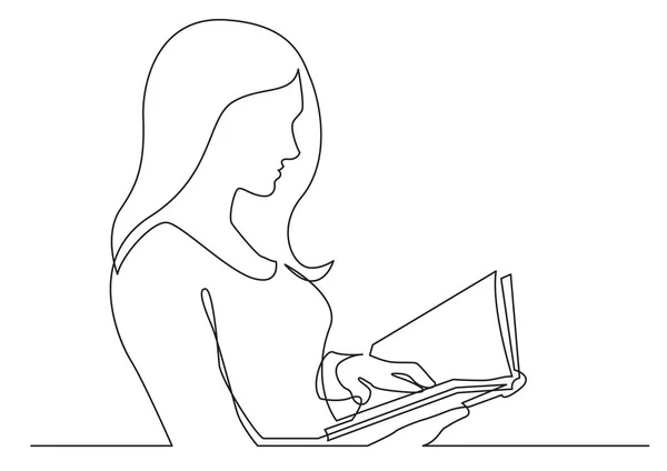 Línea Continua Dibujo Libro Lectura Mujer — Vector de stock