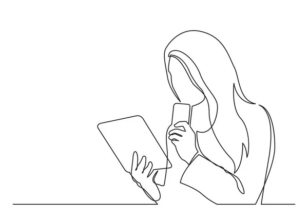 Ciągłego Rysowania Linii Kobiety Trzymając Telefon Komórkowy Czytanie Tabletu — Wektor stockowy