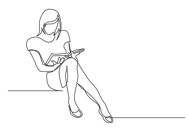 坐着阅读书的年轻女子的连续线条绘制 — 图库矢量图片