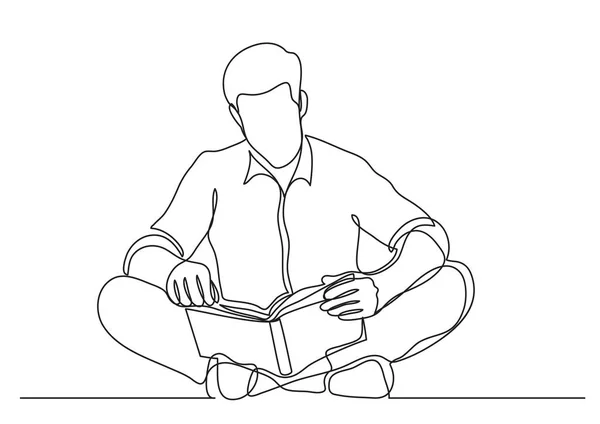 Linha Contínua Desenho Homem Sentado Chão Leitura Livro —  Vetores de Stock