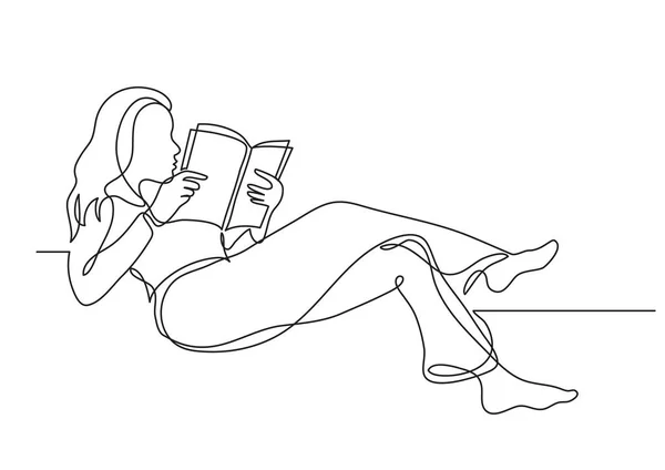 Línea Continua Dibujo Mujer Relajante Libro Lectura — Vector de stock