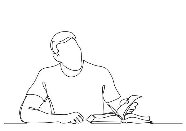 Línea Continua Dibujo Del Hombre Estudiando Libro Lectura — Vector de stock