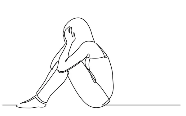 Línea Continua Dibujo Mujer Sentada Suelo Desesperación — Vector de stock