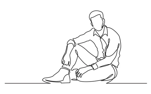 Dibujo Línea Continua Hombre Joven Sentado Botas — Vector de stock