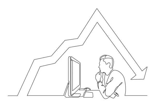 Ciągłe Rysunek Linii Pracownik Biurowy Koncentruje Się Komputer Malejącymi Wykres — Wektor stockowy