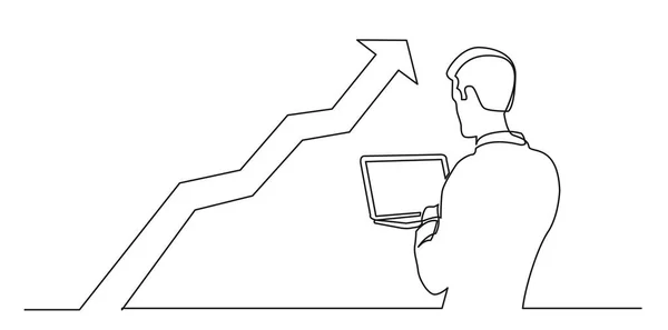 Continuous Line Drawing Man Watching Laptop Computer Increasing Graph — Stock Vector