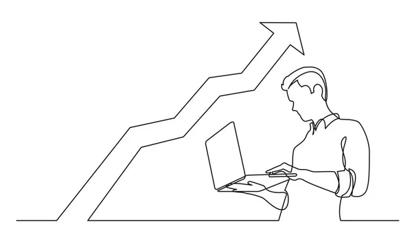 Безперервний Малюнок Людини Дивиться Ноутбук Збільшуючи Графік — стоковий вектор