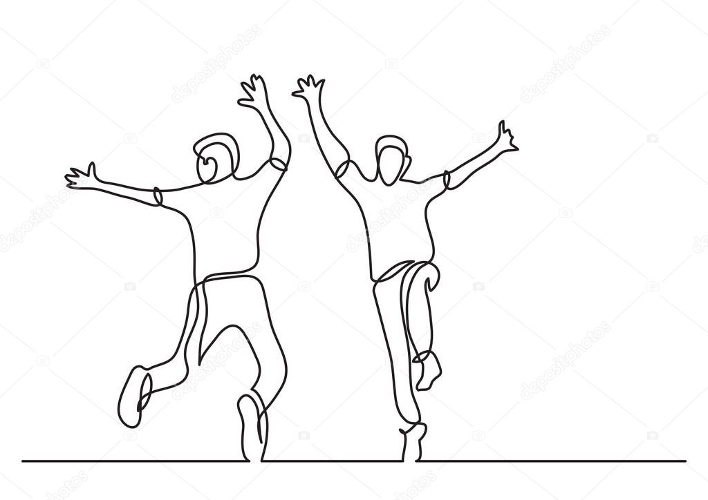 continuous line drawing of two happy teenagers jumping