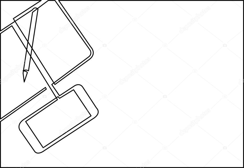 continuous line drawing of notepad and smartphone