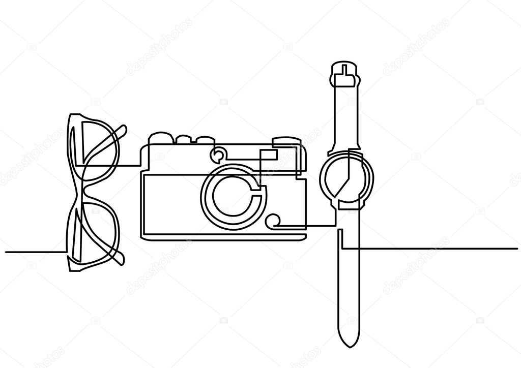 continuous line drawing of glasses camera watch