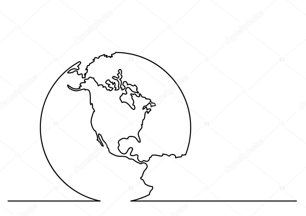 continuous line drawing of globe with Americas
