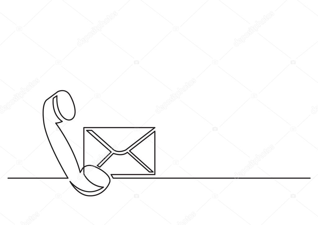 one line drawing of isolated vector object - phone receiver and mail envelope