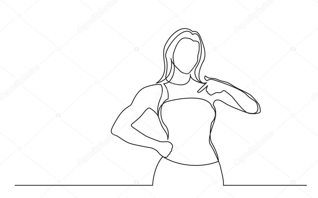 continuous line drawing of standing woman pointing at herself