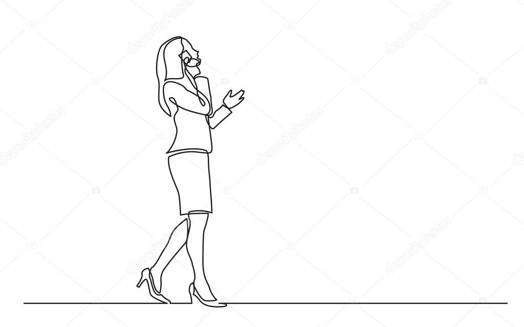 continuous line drawing of walking business woman speaking on mobile phone