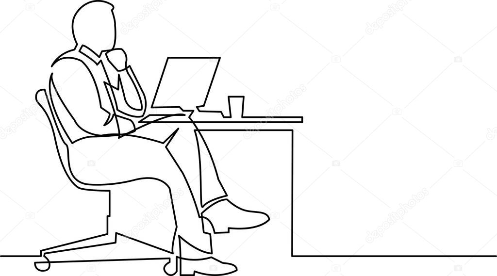 continuous line drawing of businessman thinking on white backrgound