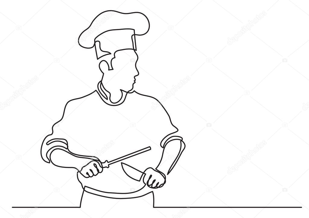 continuous line drawing of chef sharpening knife