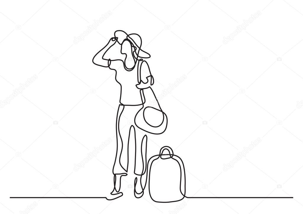 continuous line drawing of happy standing woman traveler with baggage