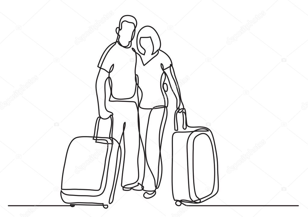 continuous line drawing of travelers couple standing with baggage