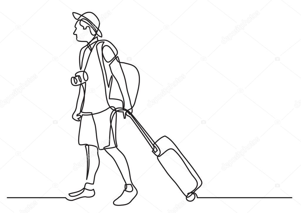 continuous line drawing of young traveler rolling bag on wheels