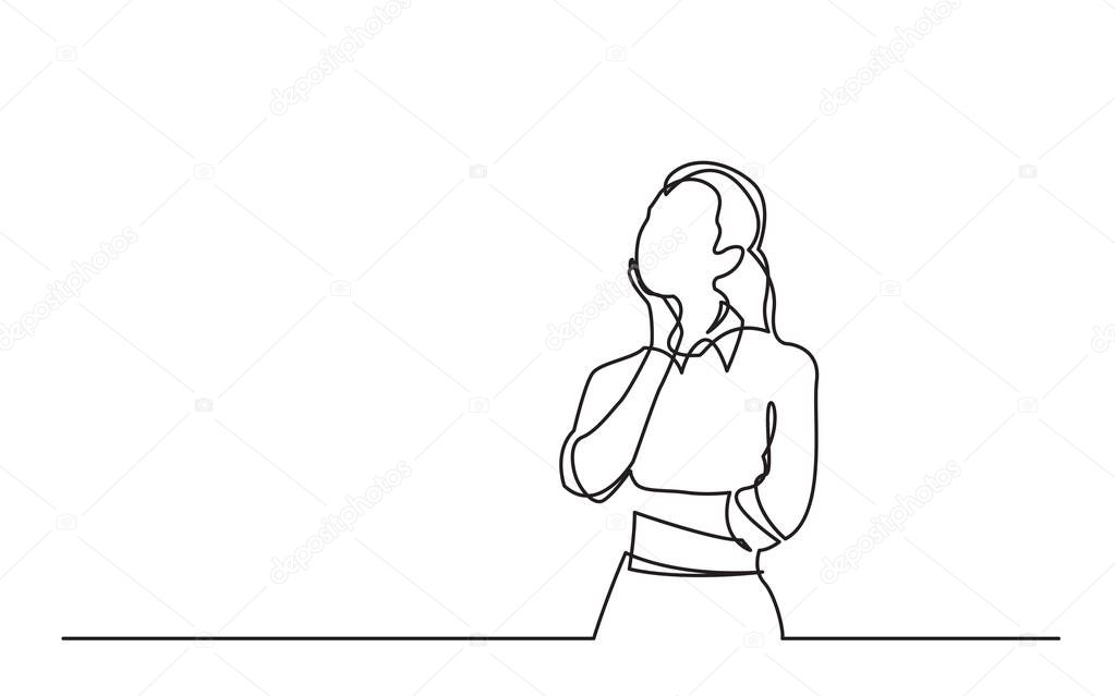 continuous line drawing of standing woman thinking
