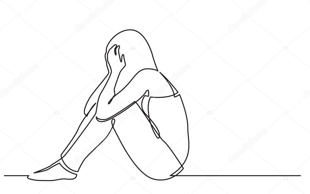 continuous line drawing of woman sitting on floor in despair