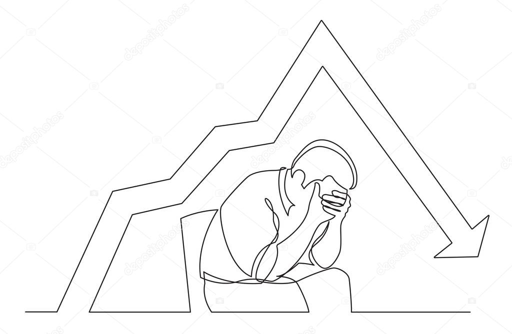 continuous line drawing of depressed man sitting on chair with declining graph