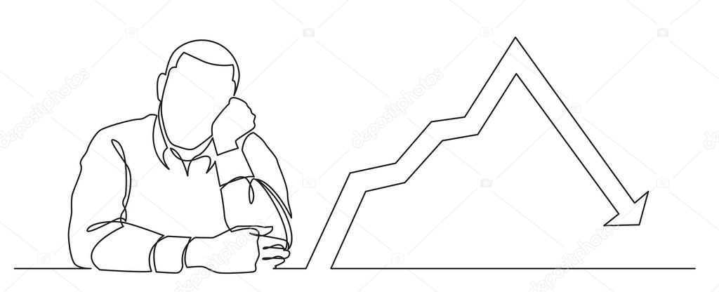 continuous line drawing of sad man sitting with decreasing graph