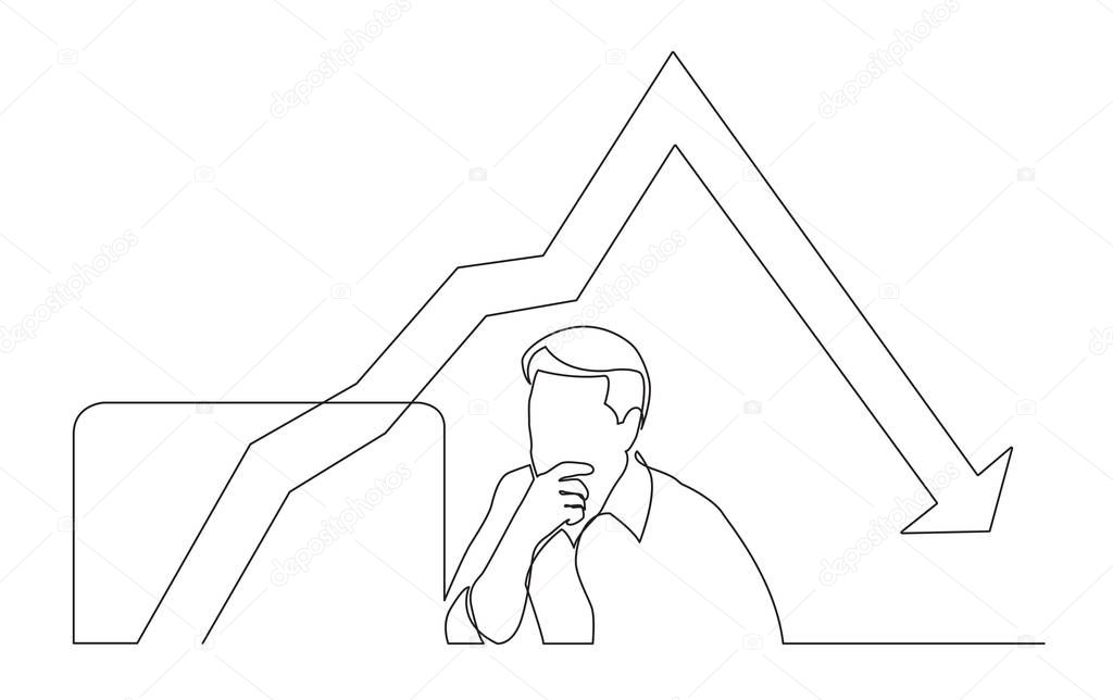 continuous line drawing of office worker analyzing decreasing graph on computer screen