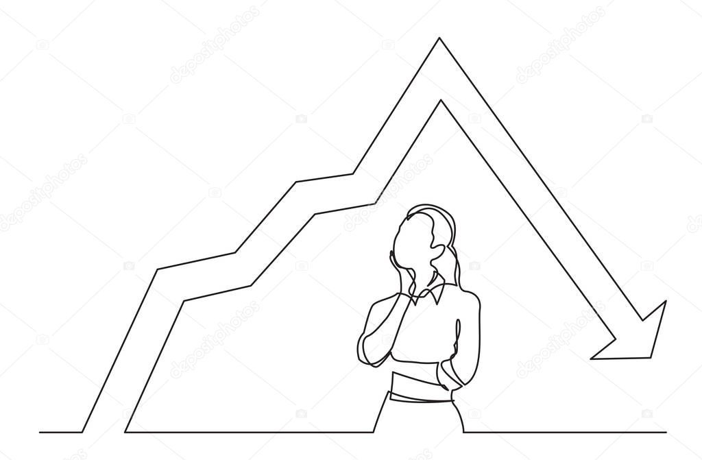 continuous line drawing of standing woman thinking about decreasing graph