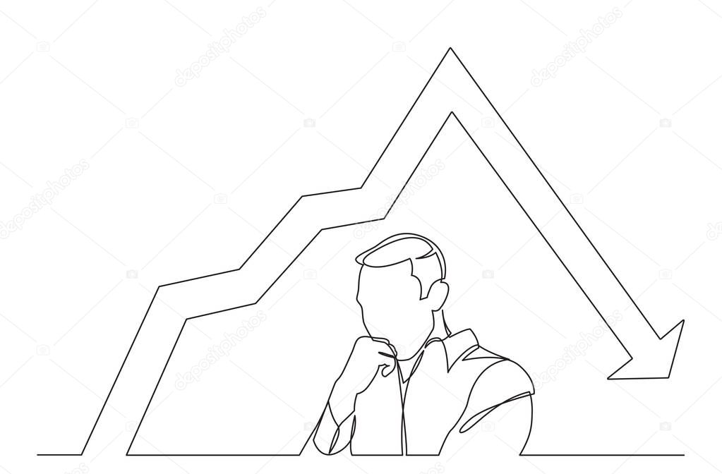 continuous line drawing of worried man with decreasing graph