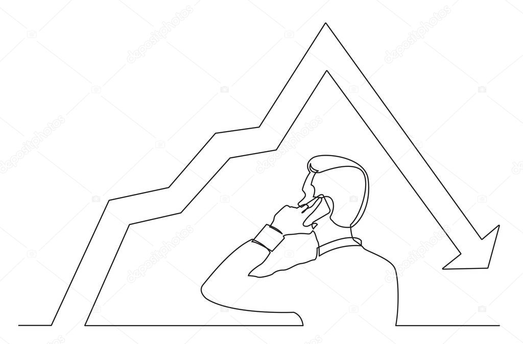 continuous line drawing of man talking on mobile pnone about decreasing graph