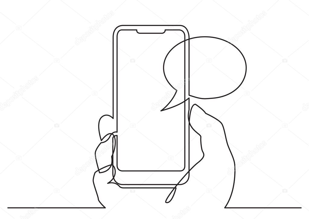 continuous line drawing of hand using social media app on smart phone