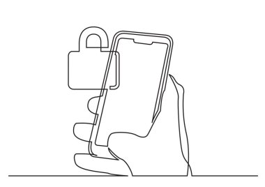 Güvenlik kilidi ile modern cep telefonuyla el sürekli çizgi çizme