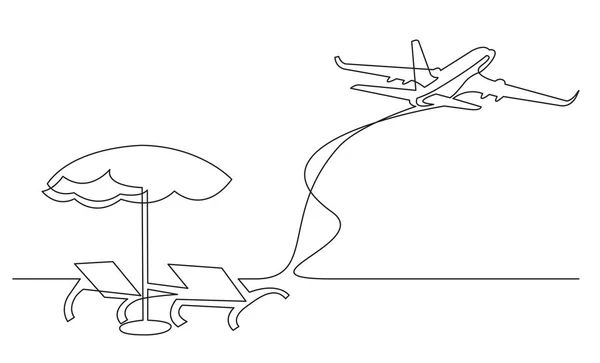 Línea Continua Dibujo Sillas Playa Sombrilla Jet Pasajeros — Archivo Imágenes Vectoriales