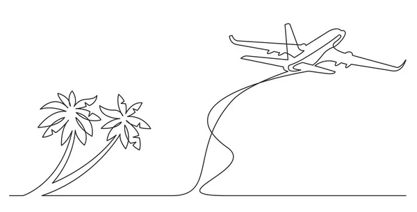 Kontinuierliche Linienzeichnung Von Palmen Strand Und Flugzeug — Stockvektor