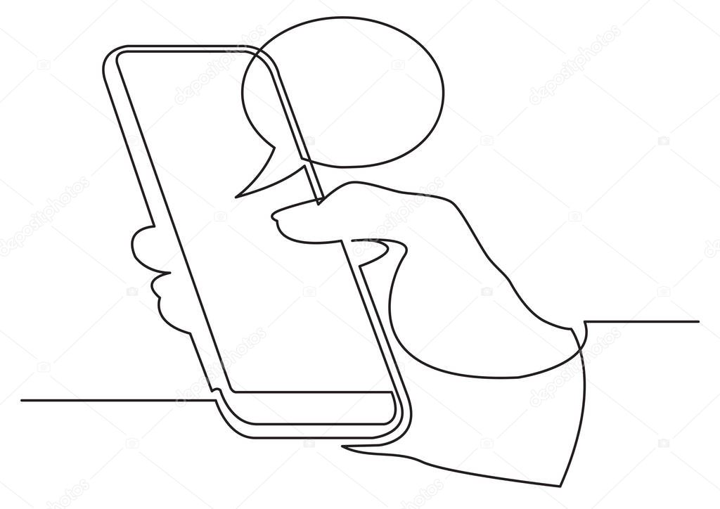 continuous line drawing of hand using social media mobile app on smart phone