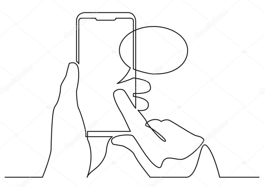 continuous line drawing of hand using social media mobile app on smart phone