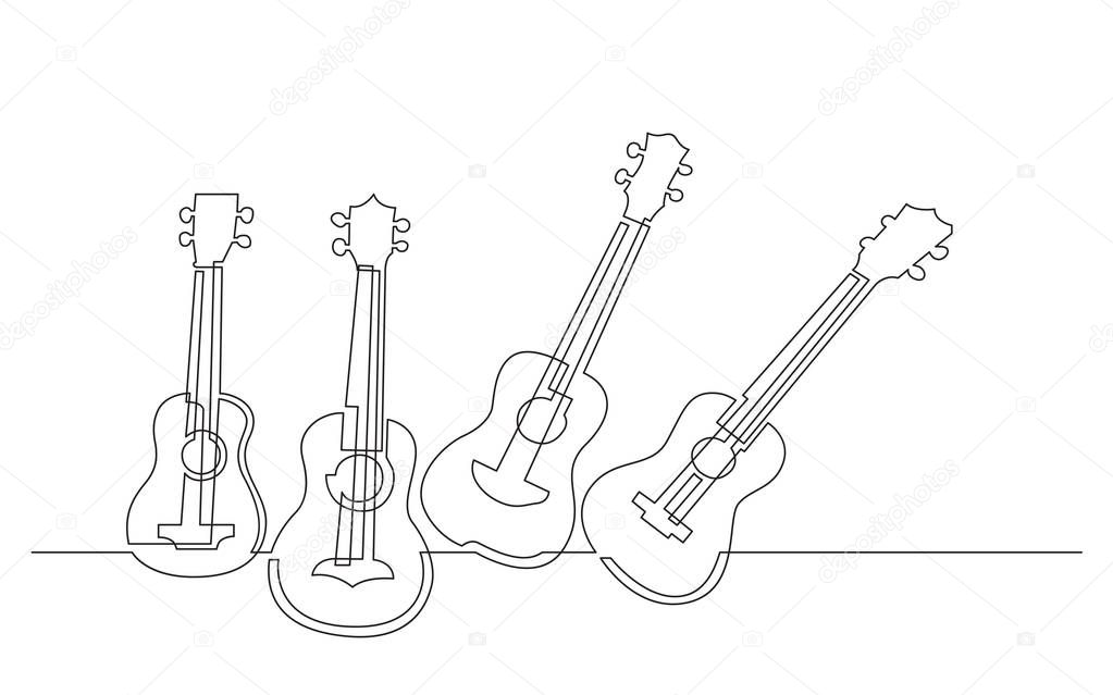 continuous line drawing of four ukuleles