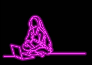 neon vektör etkisi ile dizüstü bilgisayar ile oturan bir kadının bir çizgi çizme