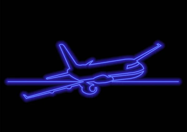 one line drawing of isolated vector object - passenger airplane with neon vector effect