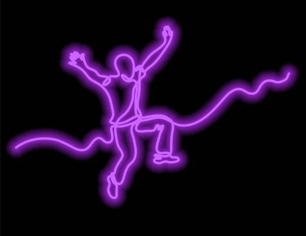 ネオン ベクトル効果と人間の幸せな跳躍の連続線の描画 — ストックベクタ