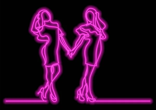 Kontinuierliche Linienzeichnung Zweier Glücklich Stehender Junger Frauen Mit Neon Vektoreffekt — Stockvektor