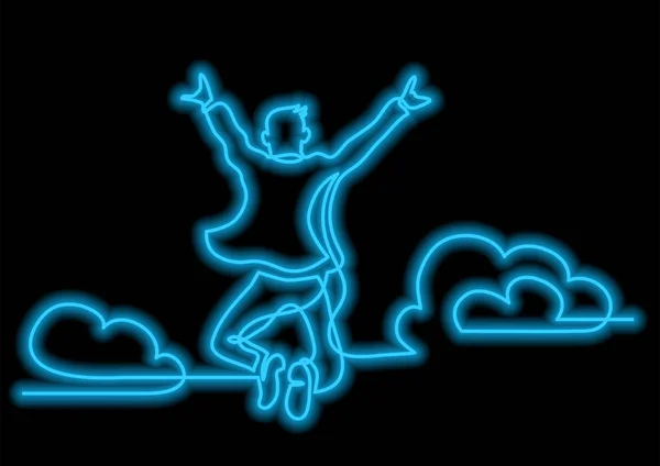 Одна Линия Рисунка Счастливого Человека Прыгающего Выше Облаков Неоновым Векторным — стоковый вектор