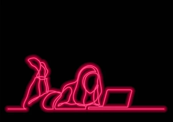 ネオン ベクトル効果付きのノート パソコン横になっている女性の つの線の描画 — ストックベクタ