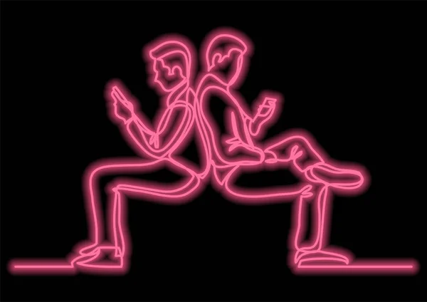 Junge Männer Surfen Auf Mobiltelefonen Einzeilige Zeichnung Mit Neon Vektoreffekt — Stockvektor