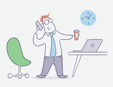 düz çizgi karakter vektör tasarımı - ofiste telefonda konuşan işadamı