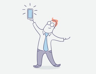düz çizgi karakter vektör tasarımı - akıllı telefon ile mutlu işadamı