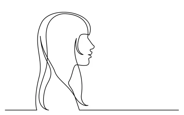 長い髪の女の横顔の肖像画を白い背景に分離の連続線の描画 — ストックベクタ