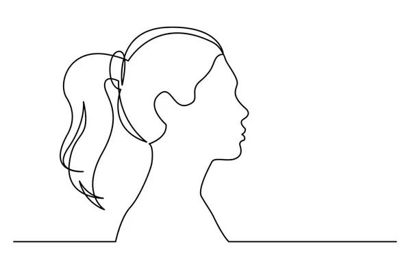 孤立的线画上的白色背景轮廓肖像的年轻女子与马尾 — 图库矢量图片