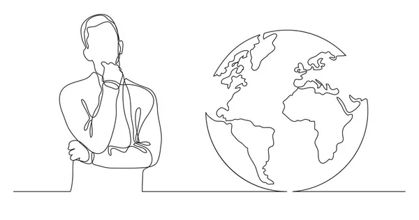 Man Thinking Global Issues Continuous Line Drawing — Stock Vector